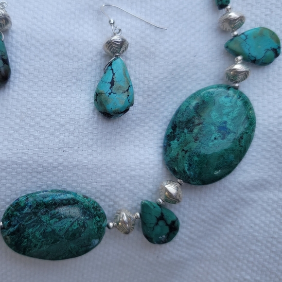 Turquoise and Chrysocolla Sterling Necklace Earrings Set - Picture 4 of 5